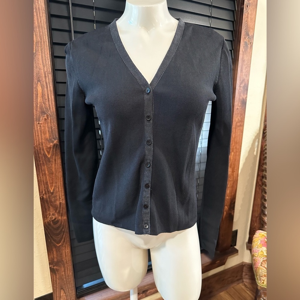 EUC City Silk fitted black choral  cardigan Sz S